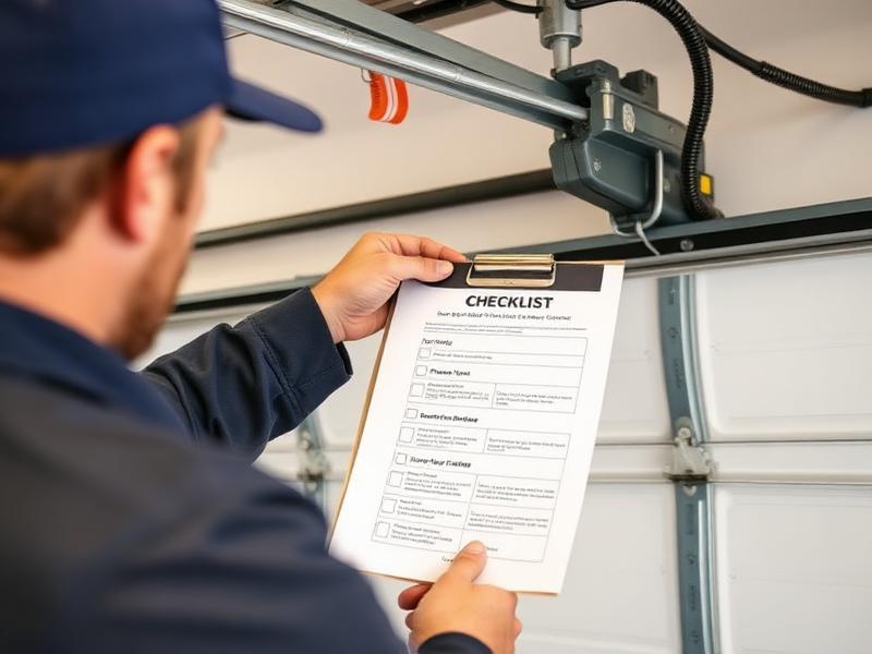 Professional technician performing garage door maintenance inspection