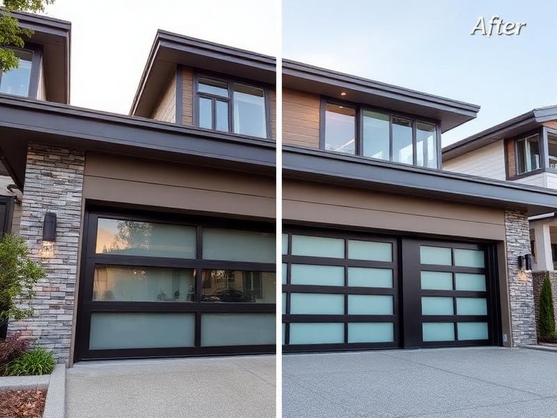 Modern glass and aluminum garage door installation by certified technicians