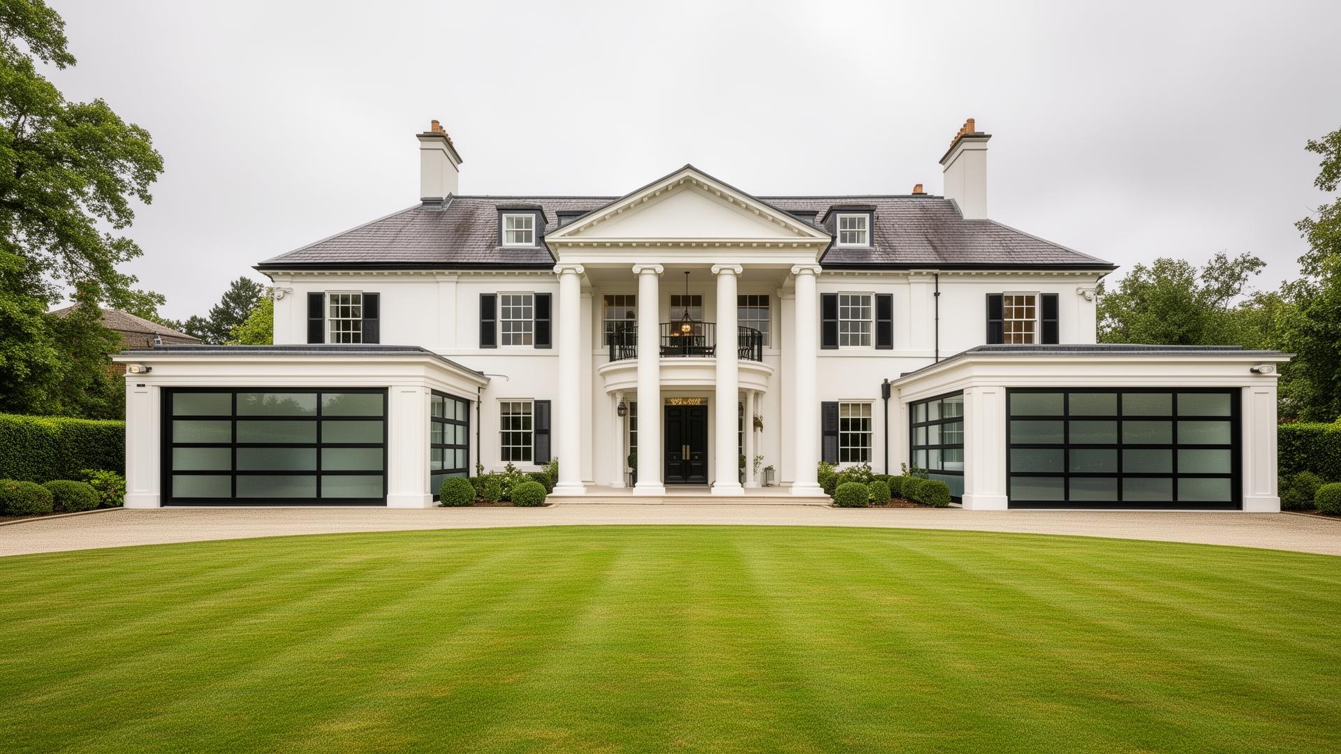 Modern glass and aluminum garage doors on luxury Georgian mansion in Marion MA