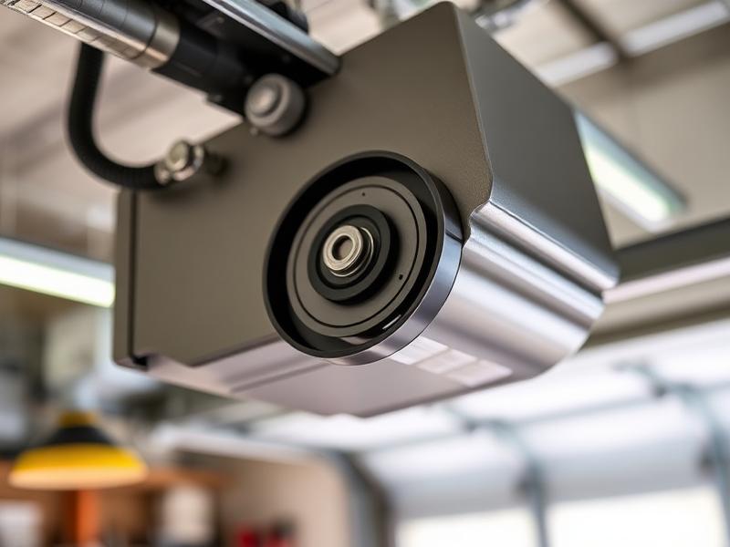 Belt drive garage door opener mechanism being serviced by technician